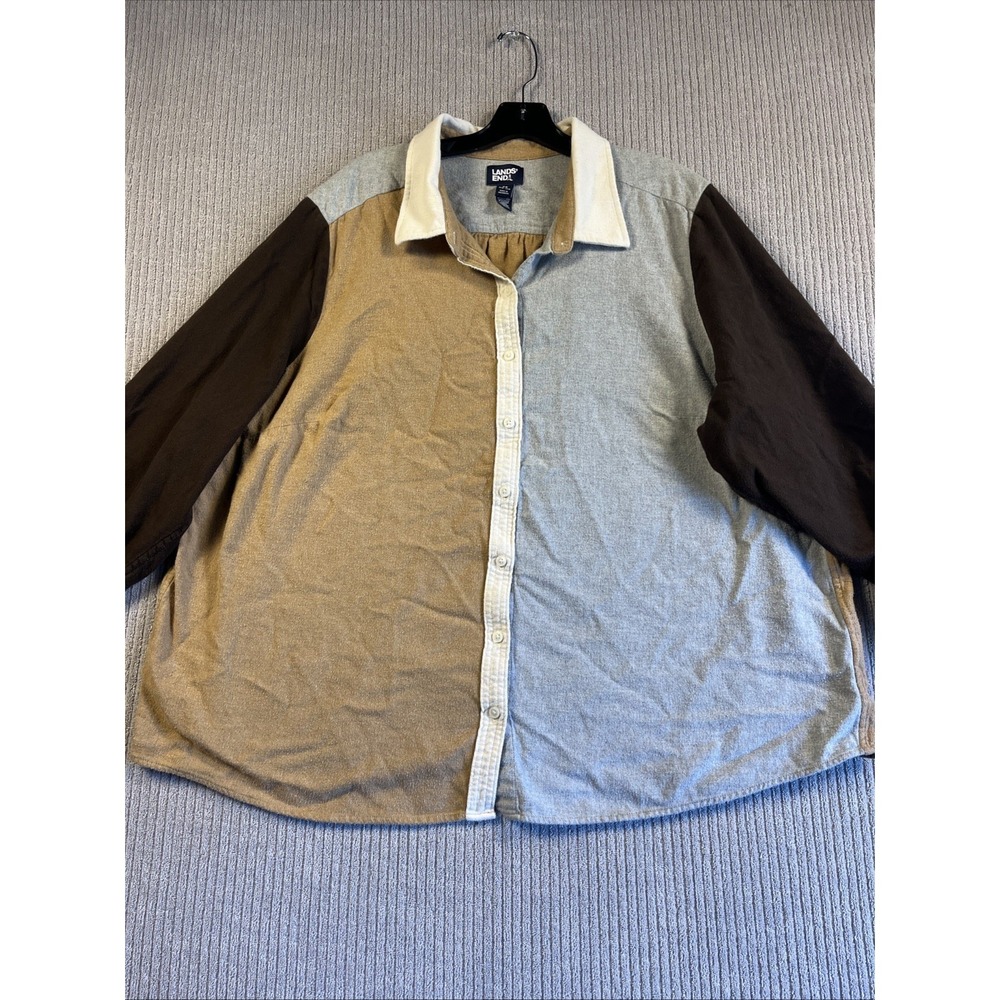 Lands End Flannel Shirt Women's 3X Top Colorblock Brown Beige Gray Button Up